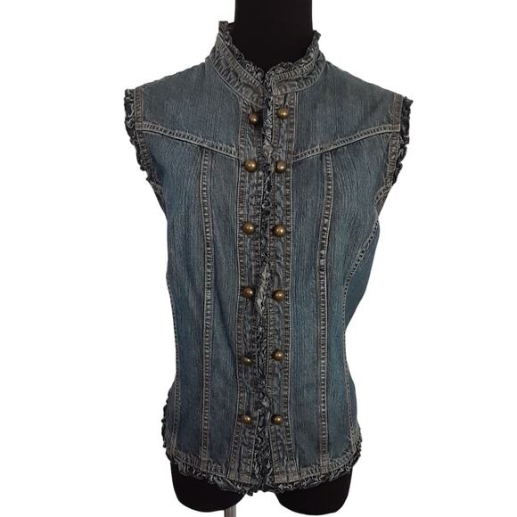 Vintage Jackets & Blazers - Vintage 90s Gilet Denim Vest Brass Button Military Ruffle Jean Jacket XL Cottage